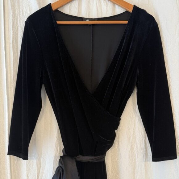 AB Studio Black Velvet Midi Dress Size L Satin Sash 3/4 Sleeve V-Neck Holiday - Picture 5 of 12